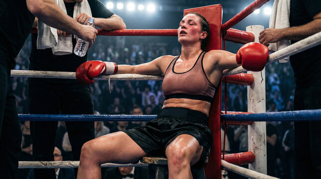 Female boxer resting between rounds in the ring, feeling exhausted, intense atmosphere