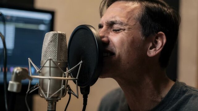 Talented voice artist captures subtle emotions in ADR booth with focused microphone background screen softly out of focus