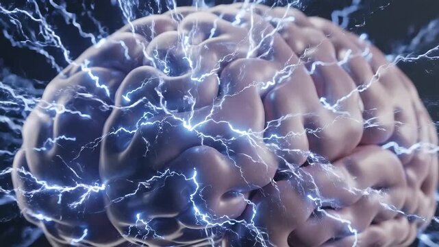 Close up of a human brain with vibrant blue electrical impulses and lightning effects symbolizing thought process ideas and neural activity.