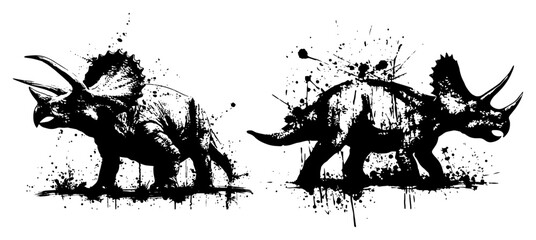 Detailed triceratops dinosaur sketches in artistic black ink splatter style © UrbanDruid