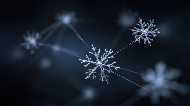 Intricate snowflake crystal on a dark background with delicate branching arms, highlighting winter's delicate artistry.