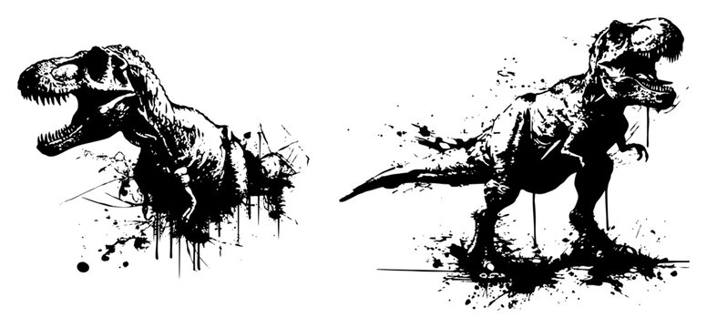 Tyrannosaurus Rex dinosaur set in aggressive ink splatter vector style