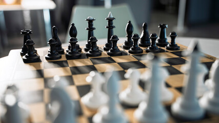 Classic wooden chessboard with black and white plastic pieces on a white round table. Strategic game setup in bright sunlight, perfect for logic, competition, education, and leisure concepts. © Alisa