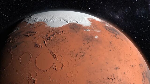Red planet Mars with polar ice cap and craters in space
