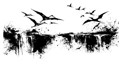 Prehistoric pterodactyls flying over a waterfall in a dramatic ink splatter landscape sketch © UrbanDruid