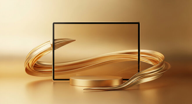 Image features gold square frame, round podium and decorative golden curve. Represents luxury and elegance, great for product showcase, mockup