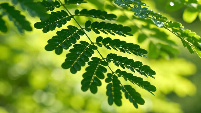Closeup of a vibrant green fern leaf with delicate water droplets glistening in the soft morning sunlight showcasing intricate natural patterns and textures.