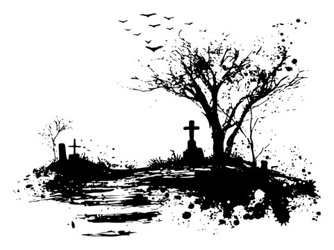 Spooky cemetery landscape with graves and bare tree in a grunge ink style