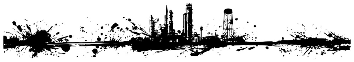 Obraz premium Panoramic industrial factory and refinery silhouette with artistic ink splatter effects