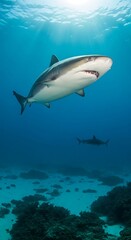 Obraz premium Majestic Tiger Shark Swimming in Clear Blue Ocean Waters.