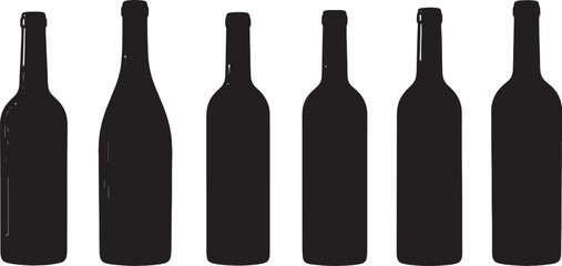 Naklejka premium Black Solid Wine Bottle Silhouettes Set of Six on White Background