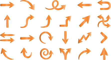 Obraz premium Collection of various orange arrows pointing in different directions on white background for navigation and direction many curved and straight arrow icons