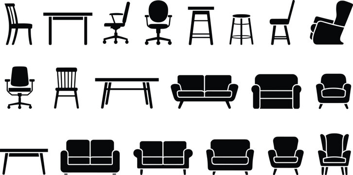 Furniture silhouette icon set, chair table sofa vector, armchair illustration design, interior decor symbol, home furniture pattern, seating arrangement background