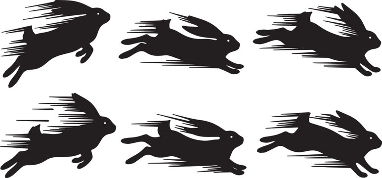 Black Solid Zoomies Bunny Silhouettes Set of Six on White Background