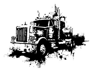 Obraz premium Heavy duty semi truck transport vehicle in artistic black ink splatter style