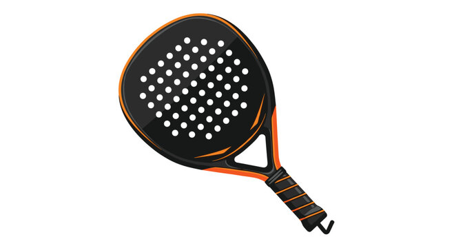 A black and orange padel racket with a perforated striking surface and textured handle is prominently displayed against a clean white background.