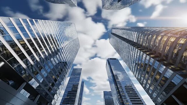 Modern Skyscrapers and Fast Clouds Time Lapse - Low angle view showcases modern glass skyscrapers reaching towards a blue sky with fast moving clouds.