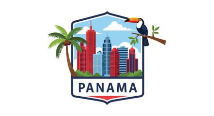 Obraz premium A shield-shaped emblem showcases a colorful cityscape with skyscrapers, a palm tree, and a toucan, with PANAMA inscribed on a banner, against a white background.