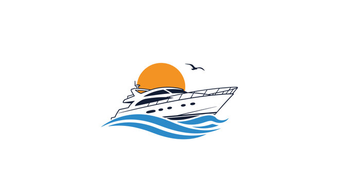 A white motor yacht cruises on blue stylized waves under a large orange sun with two birds flying above, set against a clean white background.