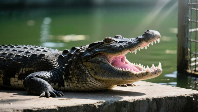 Large alligator with open mouth showing sharp teeth on concrete edge by water
