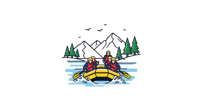 A dynamic line art illustration captures four individuals paddling a yellow inflatable raft through choppy water, set against mountains and pine trees.