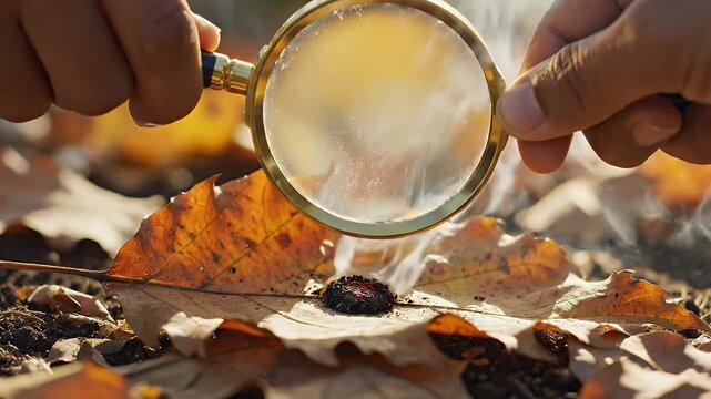 Igniting Autumn Leaf with Magnifying Glass - A person uses a magnifying glass to focus sunlight onto a dry autumn leaf, causing it to ignite and produce smoke.
