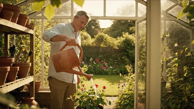 Happy mature man watering red geraniums in a clay pot inside a sun-drenched greenhouse during golden hour, featuring warm sunlight, garden background, and peaceful hobby lifestyle.
