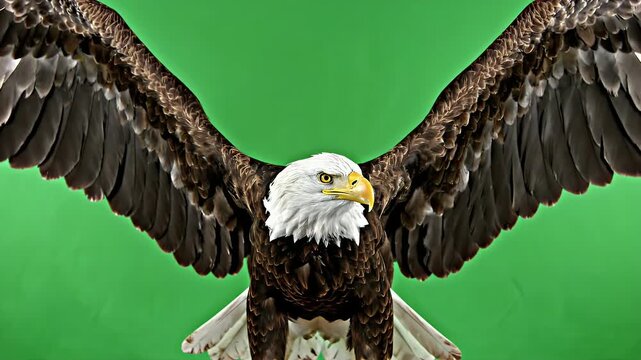 Majestic Bald Eagle Spreading Wings on Green Screen - This stock video features a majestic bald eagle with its wings fully spread against a vibrant green screen backdrop.
