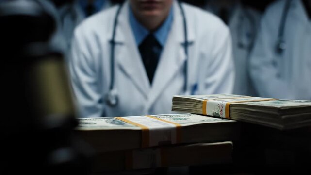 Dramatic shot of a judicial gavel striking near stacks of money with a group of serious doctors in white coats in the background, symbolizing medical malpractice and corruption.