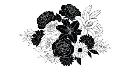 A striking black and white floral arrangement featuring roses lilies and daisies in a bold silhouette high quality professional detailed modern © GDSneha02