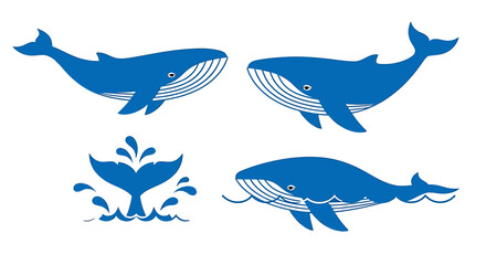 Fototapeta premium Blue Whale Silhouettes on White Background. Vector Illustrations. EPS Editable