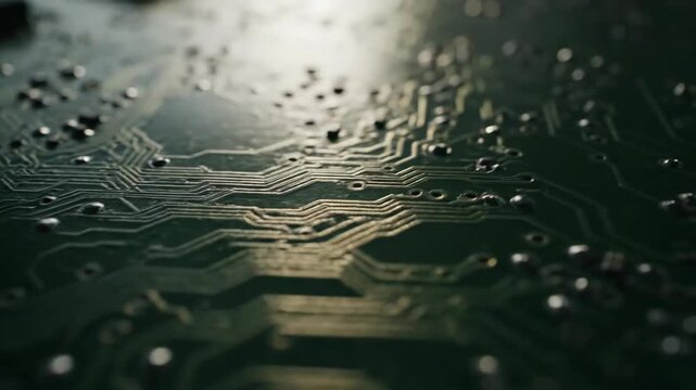 Macro shot of intricate green computer circuit board highlighting technology, microchips, electronics, and engineering.