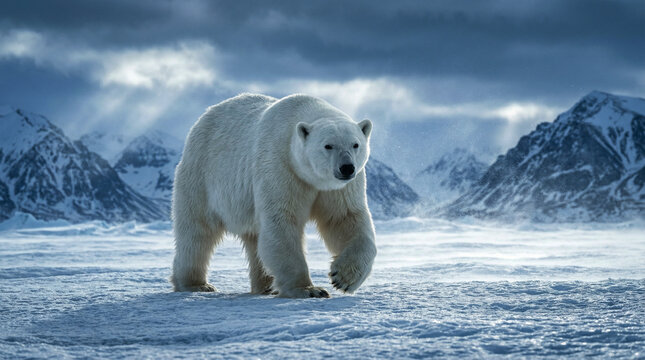 Powerful Polar Bear Walking Across Frozen Arctic Wilderness