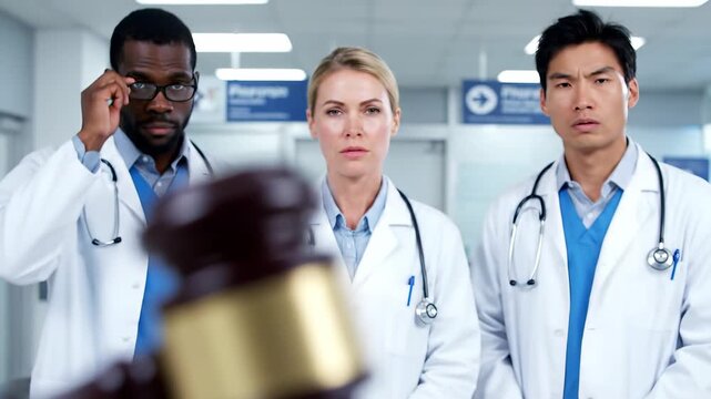 Diverse medical team of doctors in white coats facing the camera behind a judge's gavel, symbolizing medical law, malpractice, ethics, and professional accountability in healthcare.