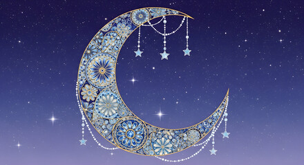 Fototapeta premium Moonlit Garden Dream: Nocturnal Moths, Crescent Moon, and Purple Florals in a Digital Painting