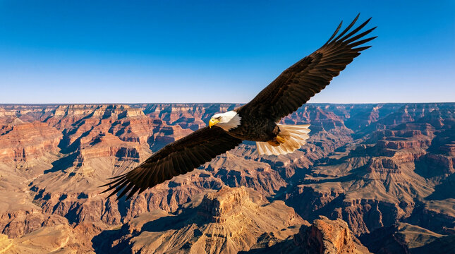 Majestic Eagle Soaring Over Grand Canyon at Golden Sunset