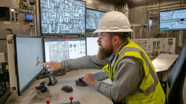 Medium shot of a utility technician analyzing digital maps and data for comprehensive underground infrastructure mapping and documentation