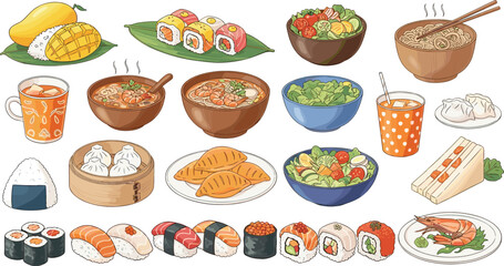Asian Food Collection with Sushi Ramen Dumplings Onigiri Tea and Traditional Japanese Cuisine Vector Illustration © Sufea