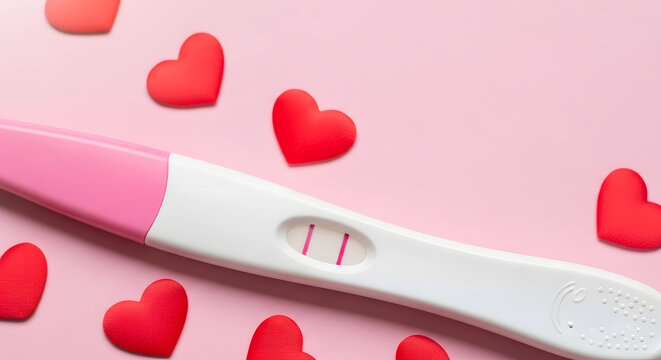 Hand Holding Positive Pregnancy Test with Two Red Lines on Pink Background. Generative AI