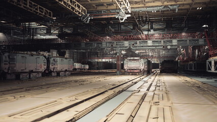 Naklejka premium Wide transit corridor with overhead girders and parallel tracks, soft ambient light casting long shadows, industrial plates and rivets, cinematic depth