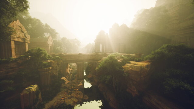 sunrise over ancient forest valley, golden rays filtering through mist, mosscovered stone bridge spanning narrow river, crumbling temple ruins tucked
