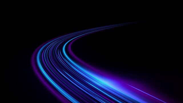 Futuristic blue pink neon laser lines flow along urban road light effect. Glowing speed motion trails, energy waves wind, and swirling lines abstract high-speed