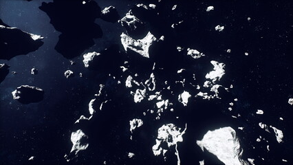 inside view of fragmented ring encircling void with narrow gaps and drifting shards, tense passageway feeling, navigation lights and cinematic perspective © icetray