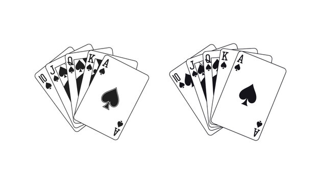 Two fanned sets of playing cards with spades facing outwards in black and white