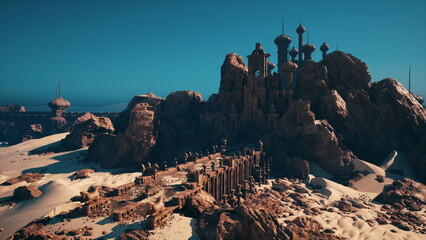 sunlit rocky island with towering castle, ornate turrets and spires perched on rugged cliffs, warm sand and scattered ruins in foreground, deep azure sky © icetray