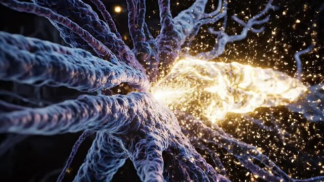 Microscopic Neural Network Firing - This video depicts a microscopic view of a neural network synapse firing. Electrical impulses create energy sparks and a glowing effect.