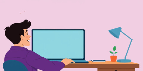 Happy Young Freelancer Working on Laptop at Home Office Desk with Plant and Lamp Flat Vector Illustration