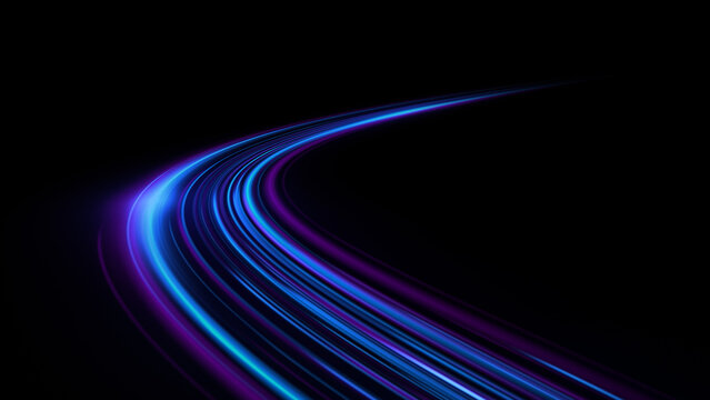 Futuristic blue pink neon laser lines flow along urban road light effect. Glowing speed motion trails, energy waves wind, and swirling lines abstract high-speed