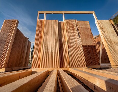 close up view of a timber construction site showing vertical glulam columns and wooden beams