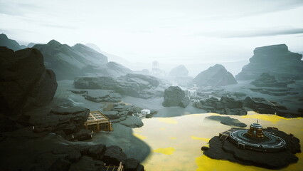 futuristic base beside toxic yellow lake, misty canyon and rugged outcrops surrounding modular habitats and circular platforms heavy machinery and shuttle © icetray
